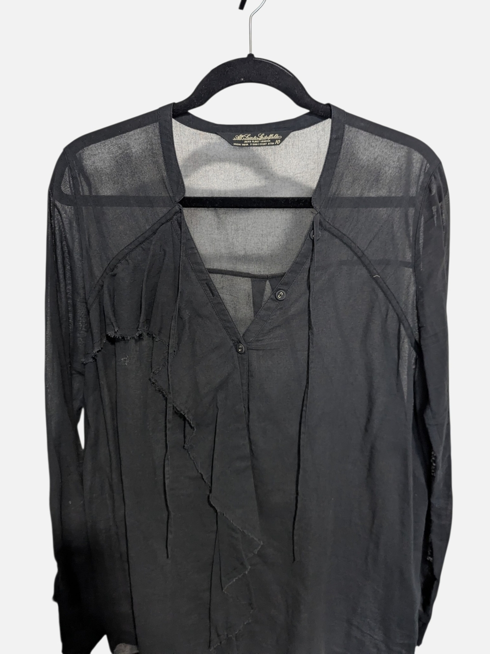 Women's All Saints Sheer Black Cotton Top With Ruffle Detail Size 10